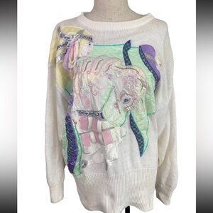Vintage Bonnie & Bill Sweater large Pastel Metallic Horse Fairy Kei Embroidered